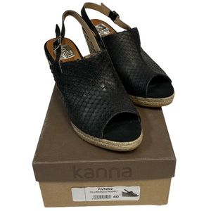 Kanna Ladies Black Leather Snakeskin Sling Back Espadrille Wedge Size 9 NIB
